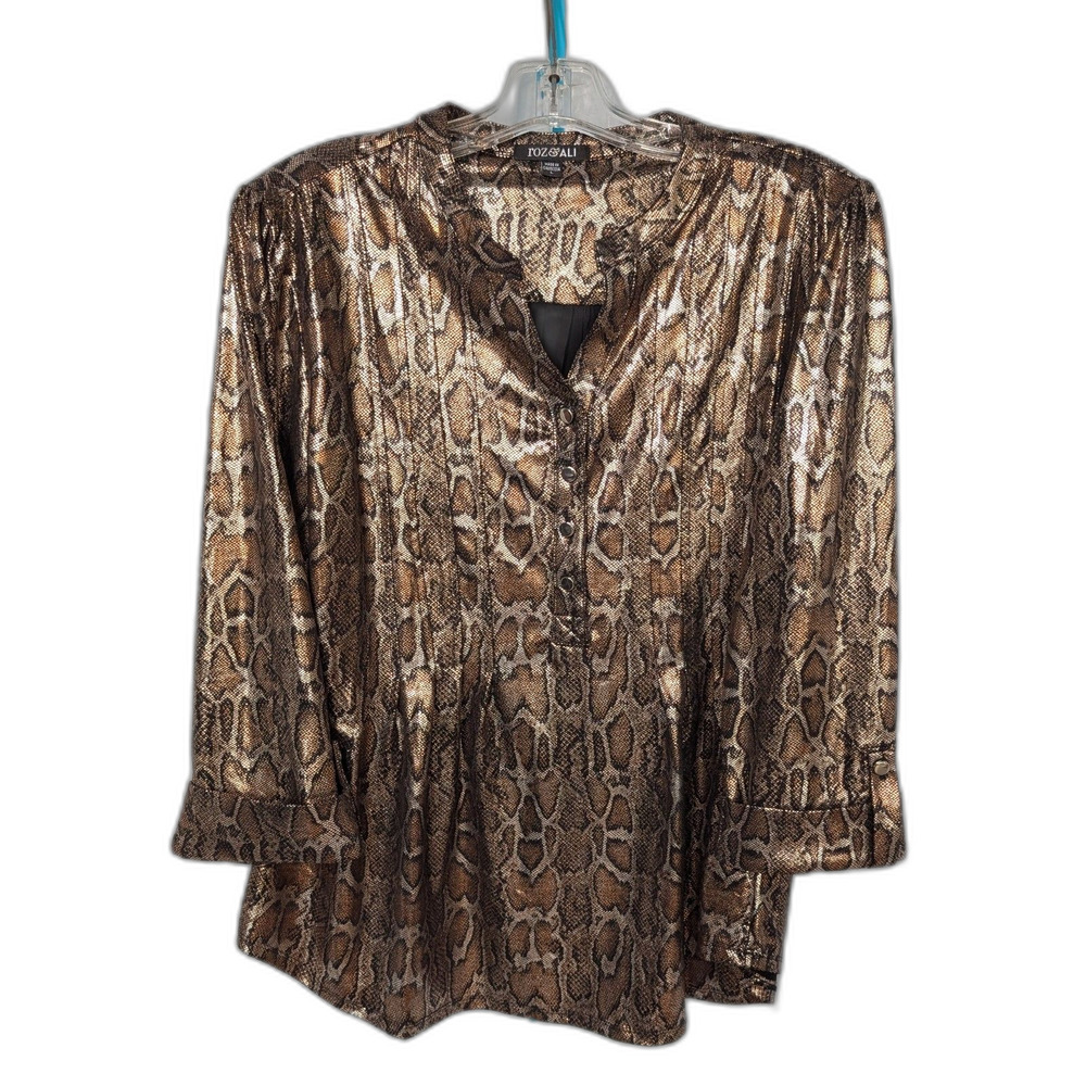 glamcore Roz & Ali Shimmering Bronze Python Animal Print Henley Blouse Size L